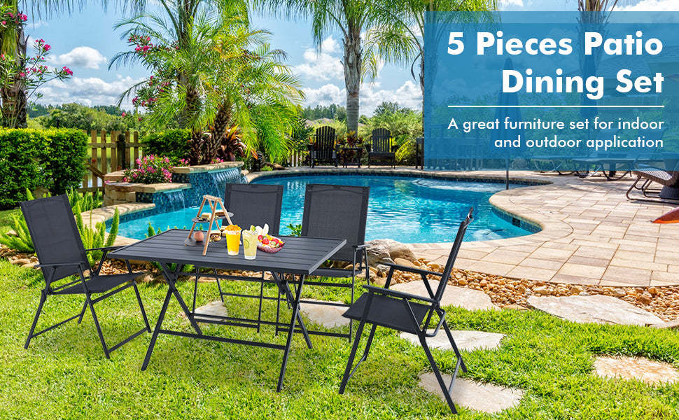 5 Piece Patio Dining Furniture Set Folding Table Chair Set with Umbrella Hole