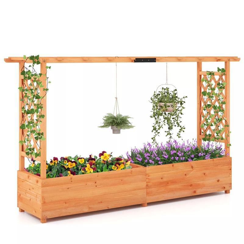 Raised Garden Bed with 2-Sided Trellis, Hanging Roof, Drainage Holes, Standing Fir Wood Planter Box for Flowers, Herbs, Climbing Vines, Garden Patio