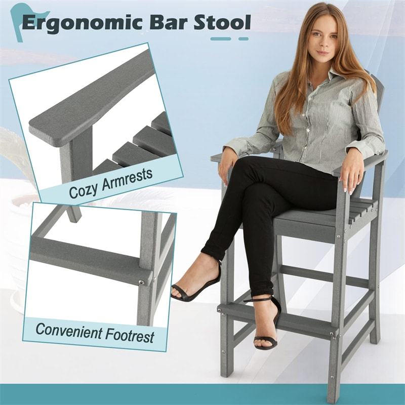All Weather HDPE Tall Adirondack Chair 30" Outdoor Bar Height Stool with Armrests & Footrest