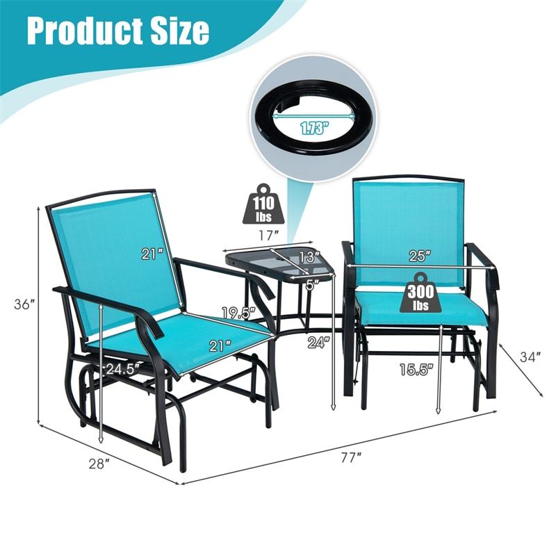 Bestoutdor Double Glider Chairs with Glass Table & Umbrella Hole, Steel Frame Patio 2-Person Rocking Chairs Breathable Fabric