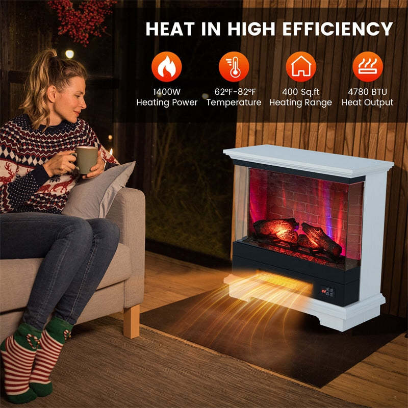 27" Electric Fireplace with Mantel, 1400W Freestanding Heater, 3-Sided Glass View, 7 Flame Colors, Remote Control, 6H Timer, Overheat Protection