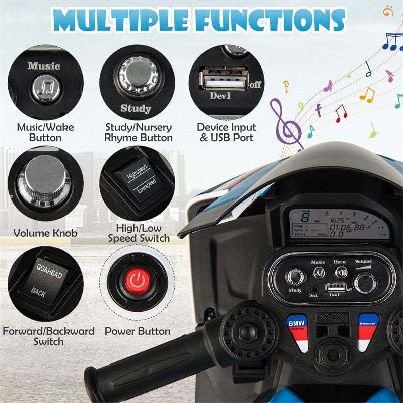 12V Kids Motorcycle, Licensed BMW Battery Powered 3-Wheel Motorcycle with Headlight, Music, Electric Ride-On Motorcycle for Ages 3+
