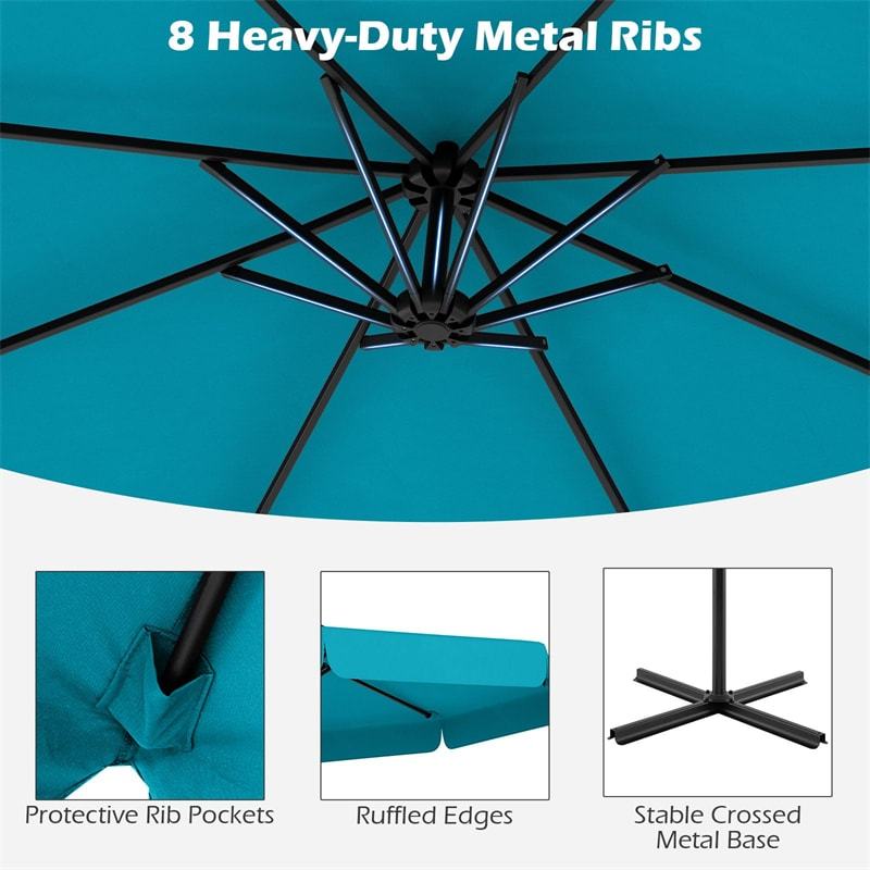 10FT Offset Cantilever Umbrella with Cover, Tilt Adjustment & Crank, 8-Rib Heavy-Duty Vented Ruffled Patio Umbrella for Poolside/Garden/Deck