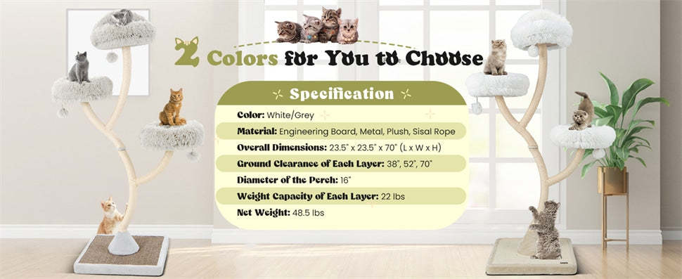 70" Tall Cat Tree Multi-Level Large Cat Tower with 3 Warm Perches, Scratching Posts, Board & 3 Jingling Balls for Large Cats Indoors