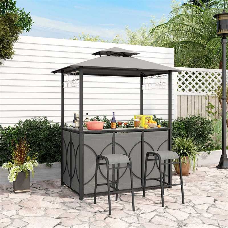 3 Piece Patio Bar Set, Grill Gazebo with 2 Bar Stools, Tempered Glass Bar Table, Double-Tier Canopy, Metal Storage Shelves for Garden, Poolside