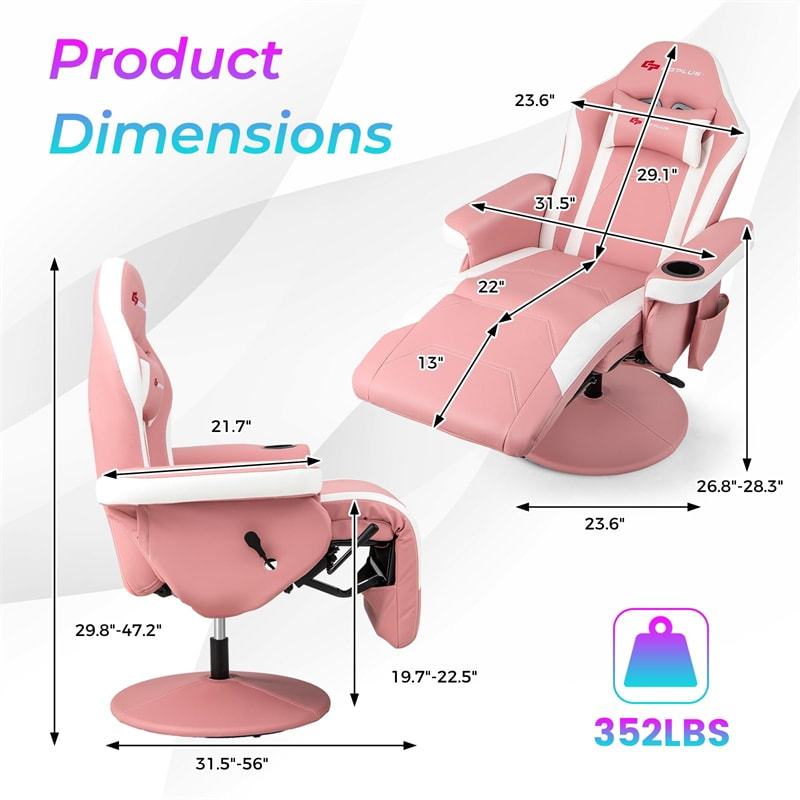 Gaming Recliner Adjustable Height Massage Gaming Chair with Retractable Footrest & Cup Holder, Ergonomic Swivel Video Game Chair Recliner Sofa