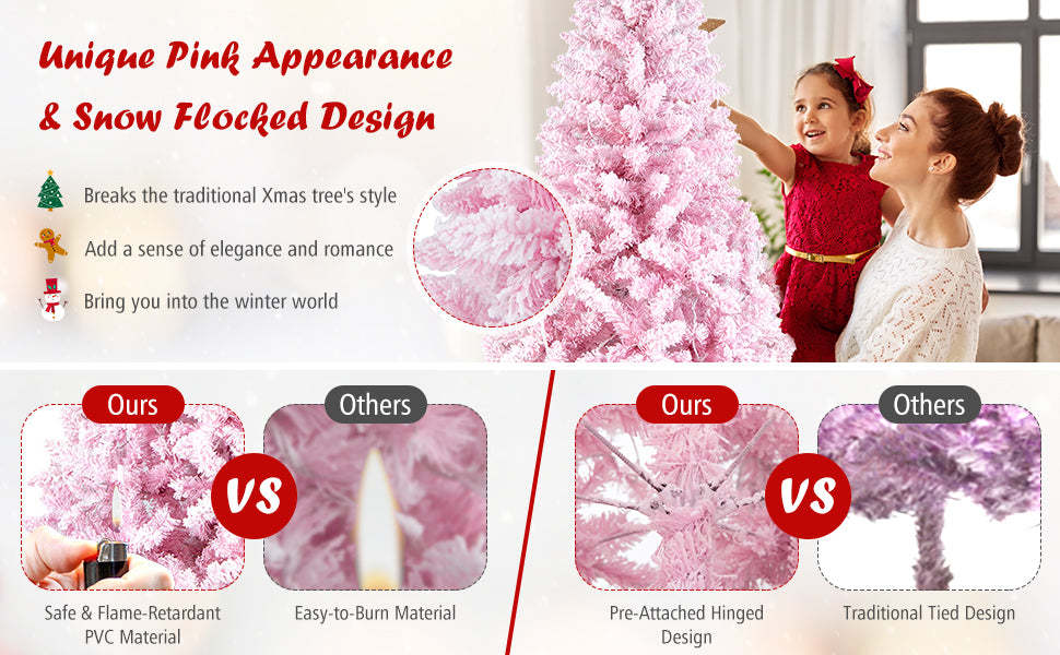 7.5ft Pink Pre-Lit Christmas Tree Hinged Artificial Snow Flocked Xmas Tree with 1100 PVC Branch Tips & 450 LED Lights 8 Lighting Modes