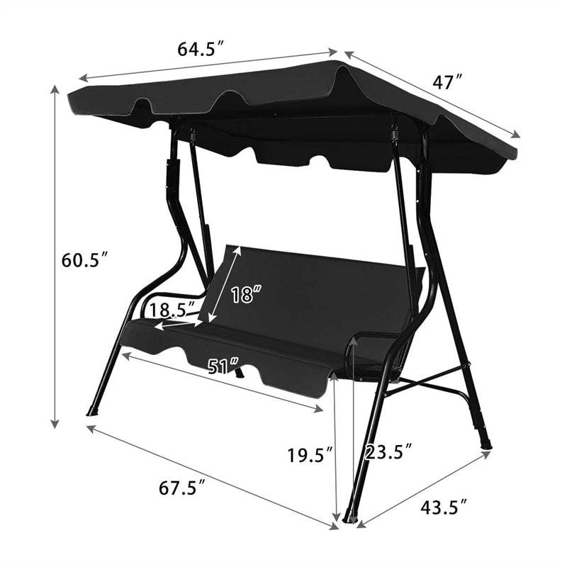 3-Seat Patio Swing with Adjustable Canopy & Removable Cushion, Powder-Coated Steel Frame Outdoor Porch Swing for Backyard, Garden, Balcony