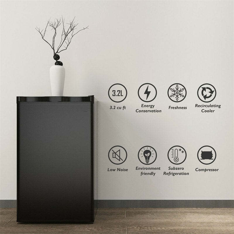 3.2 Cu.Ft Compact Refrigerator, Mini Fridge with Freezer, Reversible Door & Removable Glass Shelves, Undercounter Fridge for Dorm Apartment Office