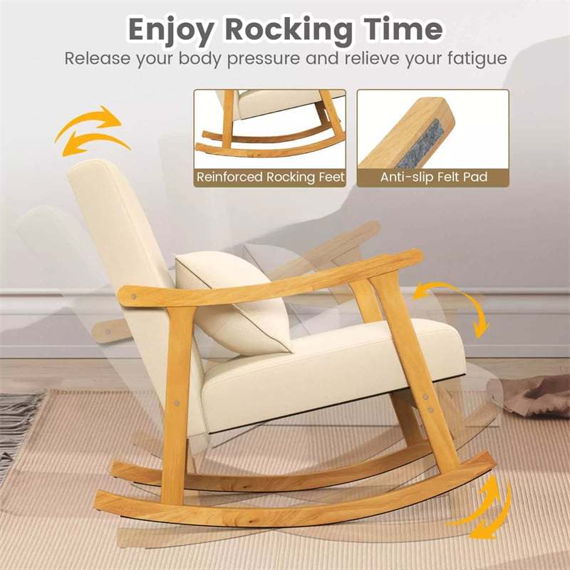 he3 Upholstered Rocking Chair with Rubber Wood Frame, Lumbar Pillow, Padded Seat & Backrest, Modern Rocker for Living Room, Bedroom, Nursery, Office