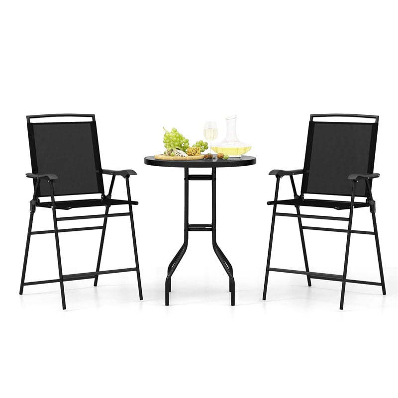 3 Piece Outdoor Bistro Set, 2 Counter Height Folding Chairs & Table Set with DPC Tabletop, Umbrella Hole, Metal Frame, Patio Bar Set for Poolside Deck