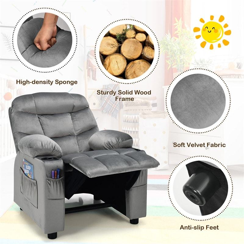 Kids Recliner Chair, Adjustable Velvet Recliner with Footrest, 2 Cup Holders & Side Pockets, Ergonomic Toddler Recliner Sofa for Boys Girls Room
