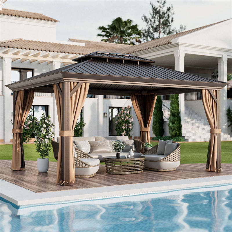 12' x 16' Double-Roof Hardtop Gazebo with Galvanized Steel Roof, Curtains & Netting, Aluminum Outdoor Permanent Gazebo Pavilion for Backyard Patio