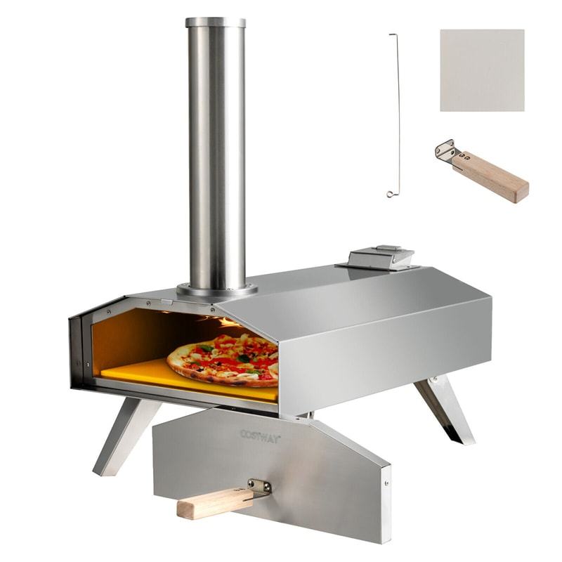 Outdoor Pizza Oven, Stainless Steel Wood Pellet Pizza Oven with 12" Pizza Stone & Foldable Legs, Wood Fired Pizza Maker for Patio Cooking BBQ Camping