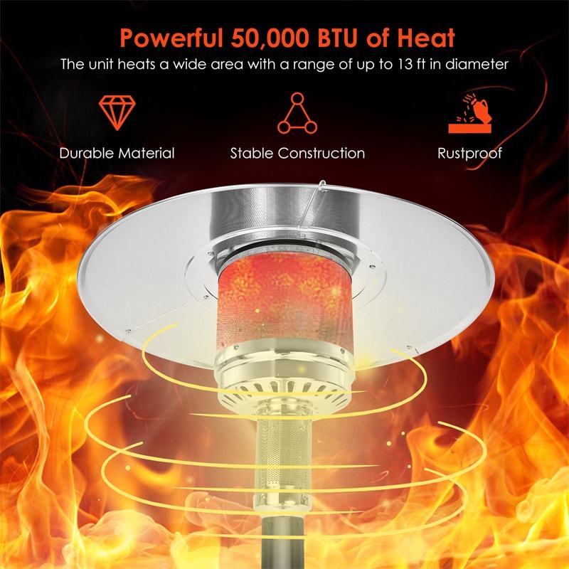 50,000 BTU Propane Patio Heater, Standing Outdoor LP Gas Heater with Wheels, Stainless Steel Burner & Tip-Over Protection for Garden Backyard