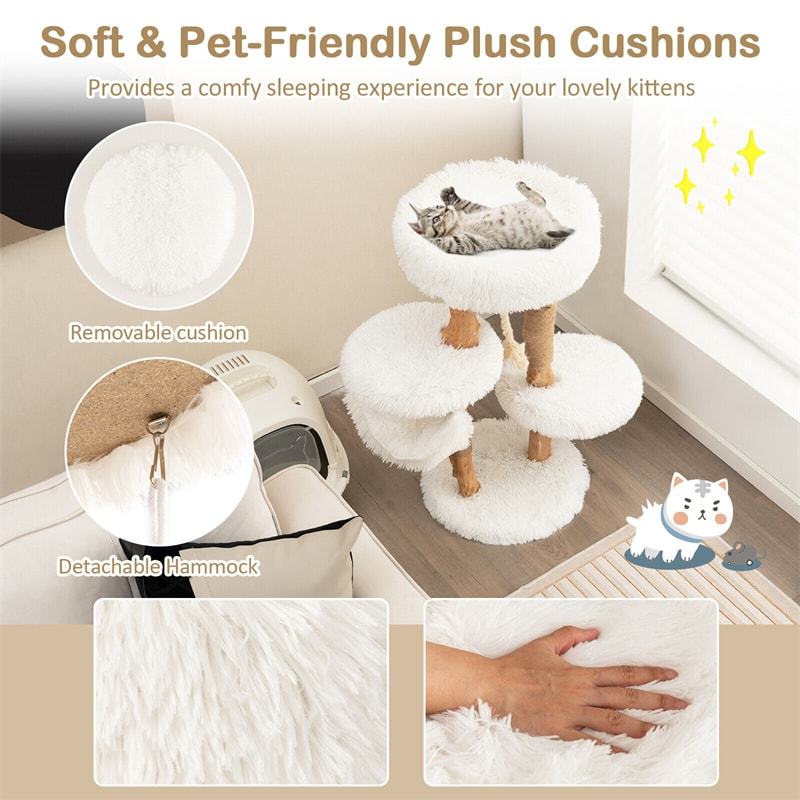 34" Tall Modern Cat Tree Solid Wood Cat Tower Multi-Layer Cat Activity Center with Warm Hammock, Cozy Top Perch, 2 Side Platforms & Jute Scratching Posts