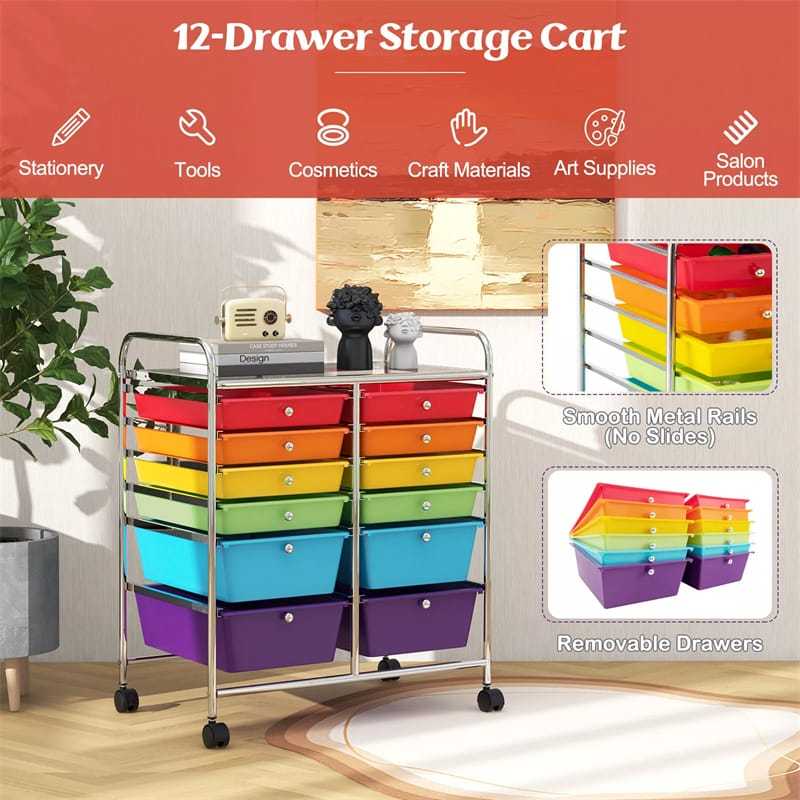 12-Drawer Rolling Storage Cart, Multipurpose Organizer Cart with Lockable Casters, Mobile Utility Cart for School Office Beauty Salon