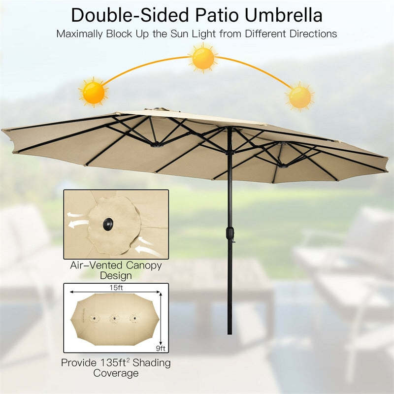 15FT Double-Sided Patio Umbrella with Base, Crank Handle & Air Vent, Extra Large Outdoor Market Umbrella for Poolside, Garden, Backyard