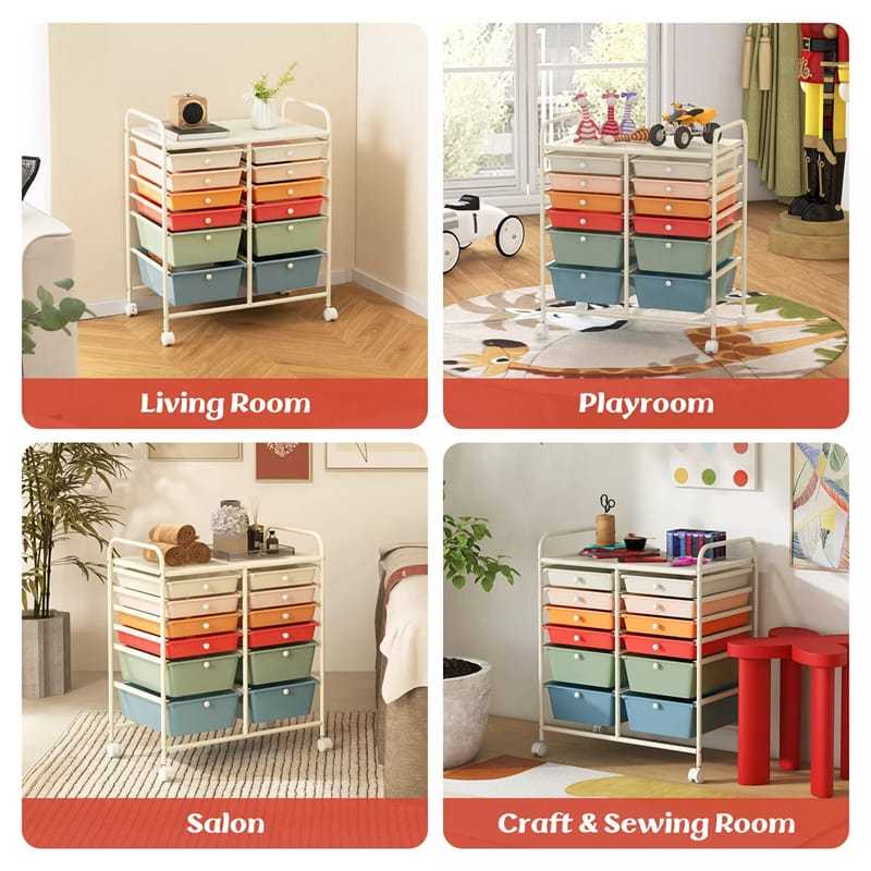 12-Drawer Rolling Storage Cart, Multipurpose Organizer Cart with Lockable Casters, Mobile Utility Cart for School Office Beauty Salon