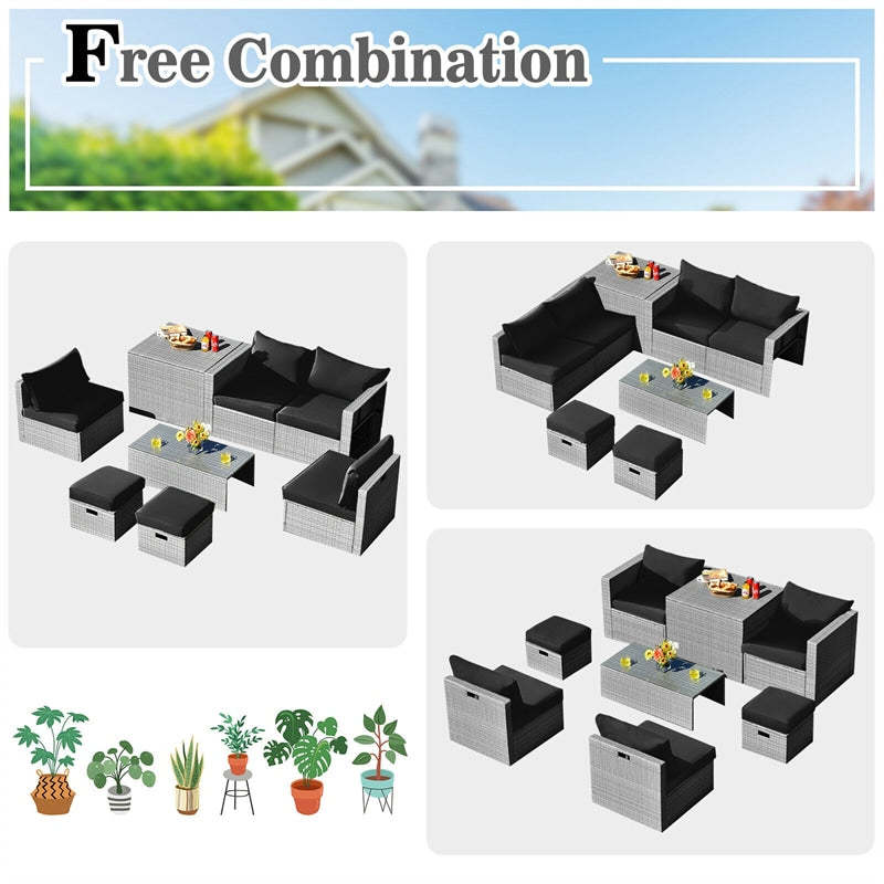 8 Piece Patio Furniture Set, PE Rattan Sectional Sofa Set with Storage Box, Ottomans, Coffee Table, Waterproof Cushions for Poolside/Balcony