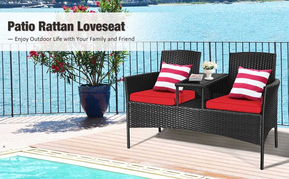 Modern Rattan 2-Seater Patio Furniture Set with Built-in Tempered Glass Table & Removable Cushions, Outdoor Furniture for Backyard, Garden