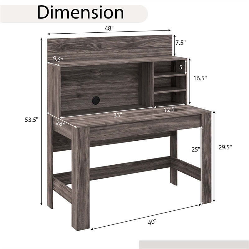 48" Computer Desk with Hutch & Anti-Tip Kits, Wood Home Office Desk with Cable Hole, Writing Study Desk PC Laptop Desk for Small Space, Bedroom