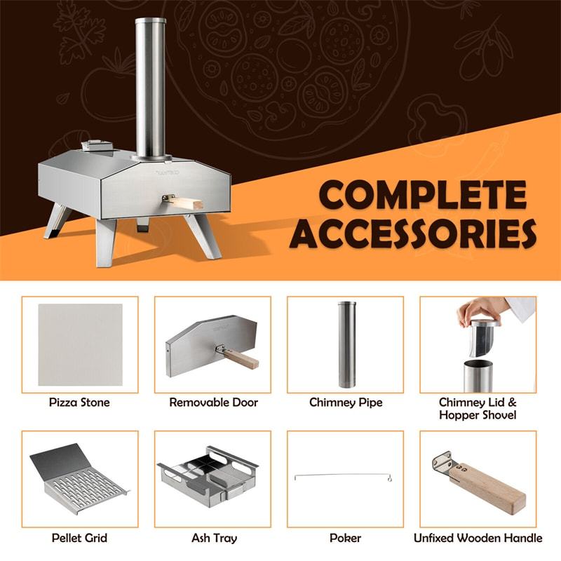 Outdoor Pizza Oven, Stainless Steel Wood Pellet Pizza Oven with 12" Pizza Stone & Foldable Legs, Wood Fired Pizza Maker for Patio Cooking BBQ Camping