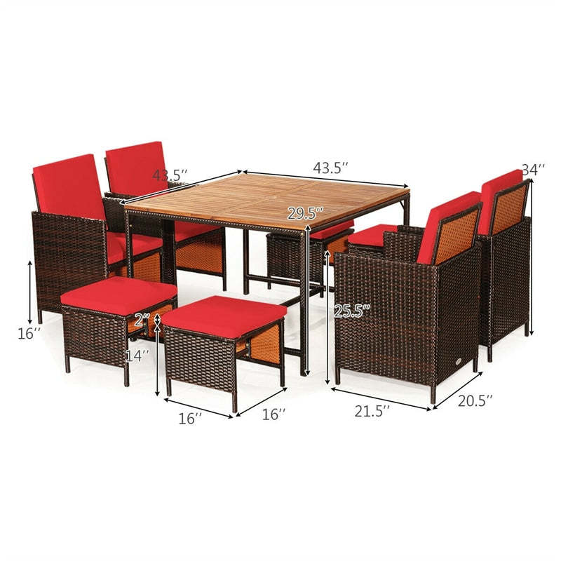 9-Piece Acacia Wood Rattan Patio Dining Set w/Cushioned Chairs, Ottomans & Umbrella Hole, Space Saving Outdoor Furniture for Backyard Garden