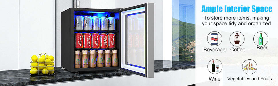 60 Cans Beverage Refrigerator Beer Cooler Mini Wine Soda Drink Fridge with Removable Shelves & Glass Door for Home Commercial Use