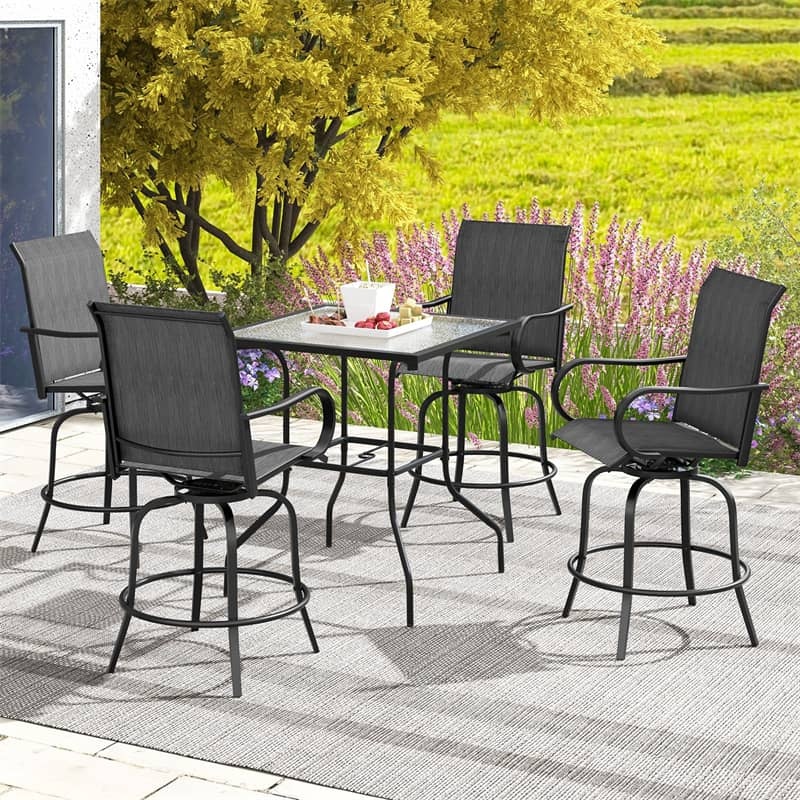 Outdoor Swivel Bar Stools Set of 2, All-Weather Steel Frame Bar Height Patio Chairs with Curved Armrests, High Back & Cozy Footrest