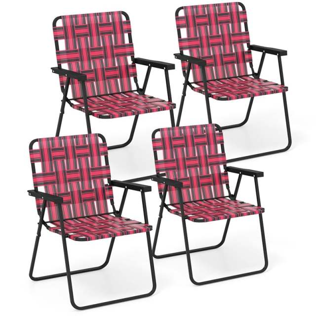 4 Pack Folding Beach Chairs Webbed Lawn Chairs Portable Lightweight Camping Chair with Armrest & Steel Frame