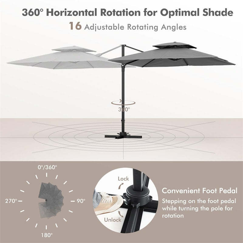 9.5FT Double Top Cantilever Umbrella, Heavy Duty Offset Hanging Patio Umbrella Square Outdoor Umbrella with 360° Rotation & Cross Base