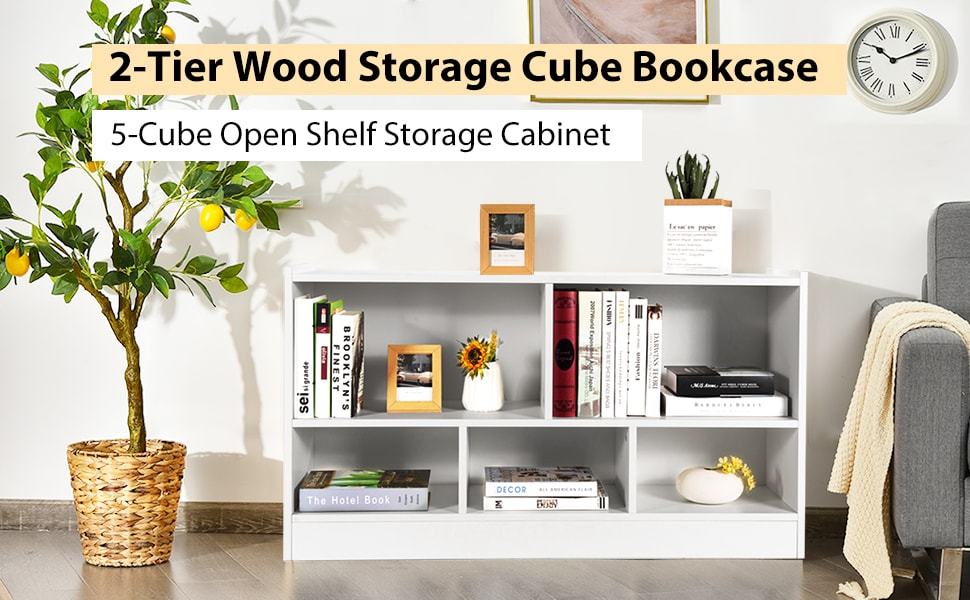 Wood Storage Cube Bookcase 2 Tier 5-Cube Open Shelf Storage Cabinet Multipurpose Bookshelf for Kids Playroom