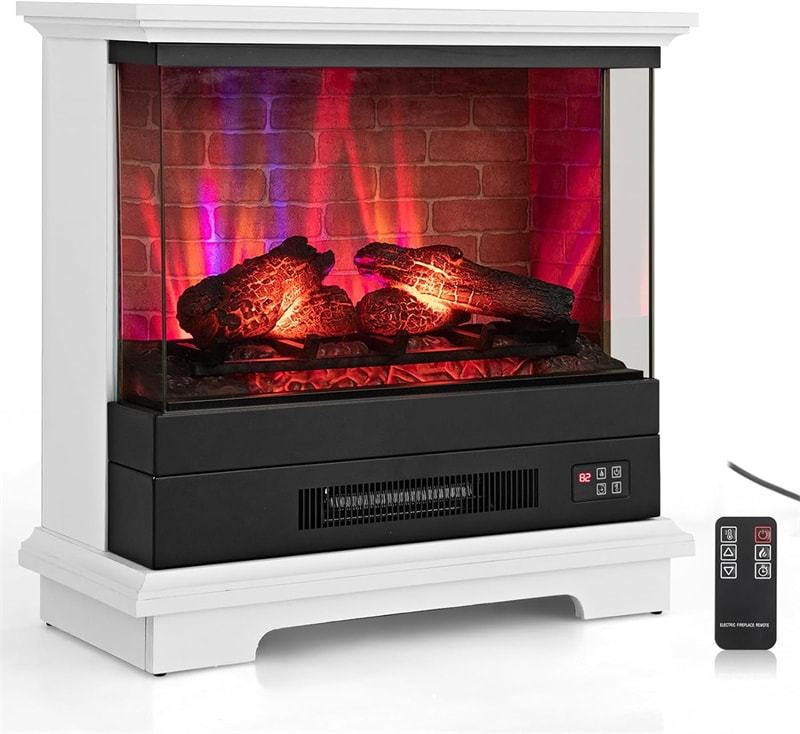 27" Electric Fireplace with Mantel, 1400W Freestanding Heater, 3-Sided Glass View, 7 Flame Colors, Remote Control, 6H Timer, Overheat Protection