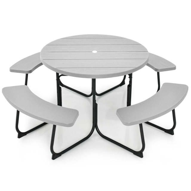 8-Person Outdoor Round HDPE Picnic Table & Bench Set with Umbrella Hole, Metal Frame, 2000LBS Capacity Patio Table Bench Set for Backyard Garden