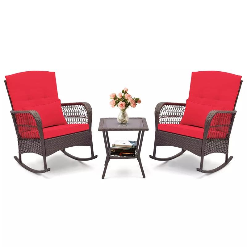3-Piece Rattan Patio Rocker Set with 2 Rocking Chairs, Tempered Glass Coffee Table & Cushions, Outdoor Bistro Set for Porch, Poolside, Backyard