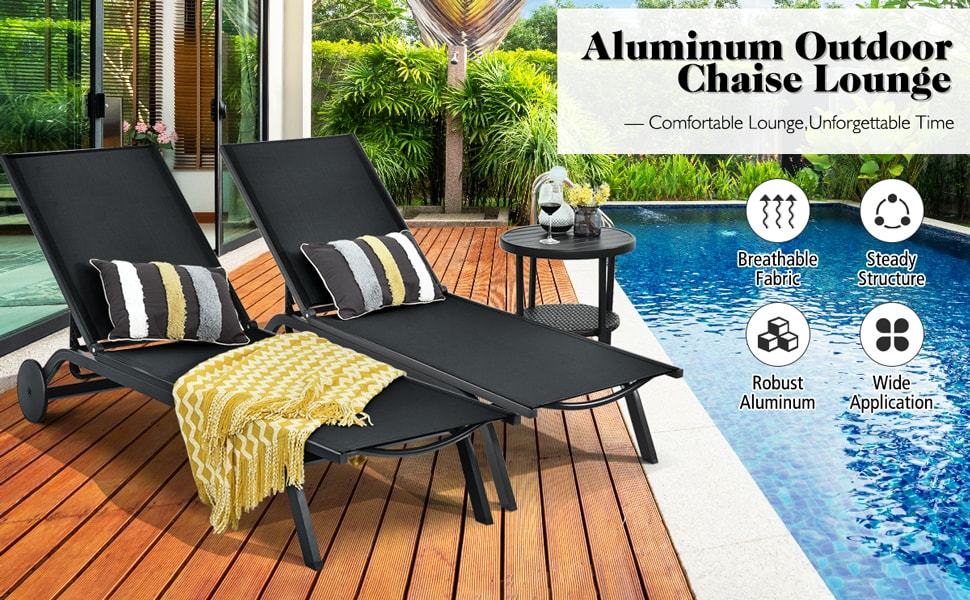 6-Position Adjustable Patio Chaise Lounge Chair Outdoor Beach Recliner with Wheels