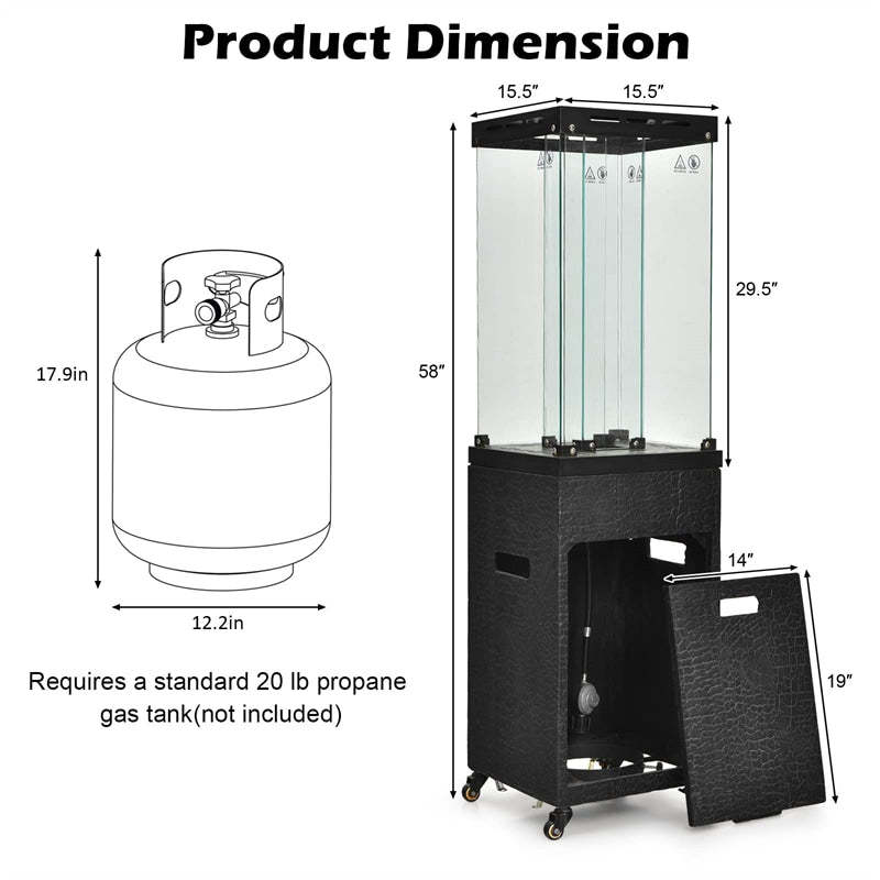 41,000 BTU Propane Patio Heater, Portable Outdoor Heater with Wheels, Protective Cover, Tempered Glass Tube, CSA Certified for Garden Yard