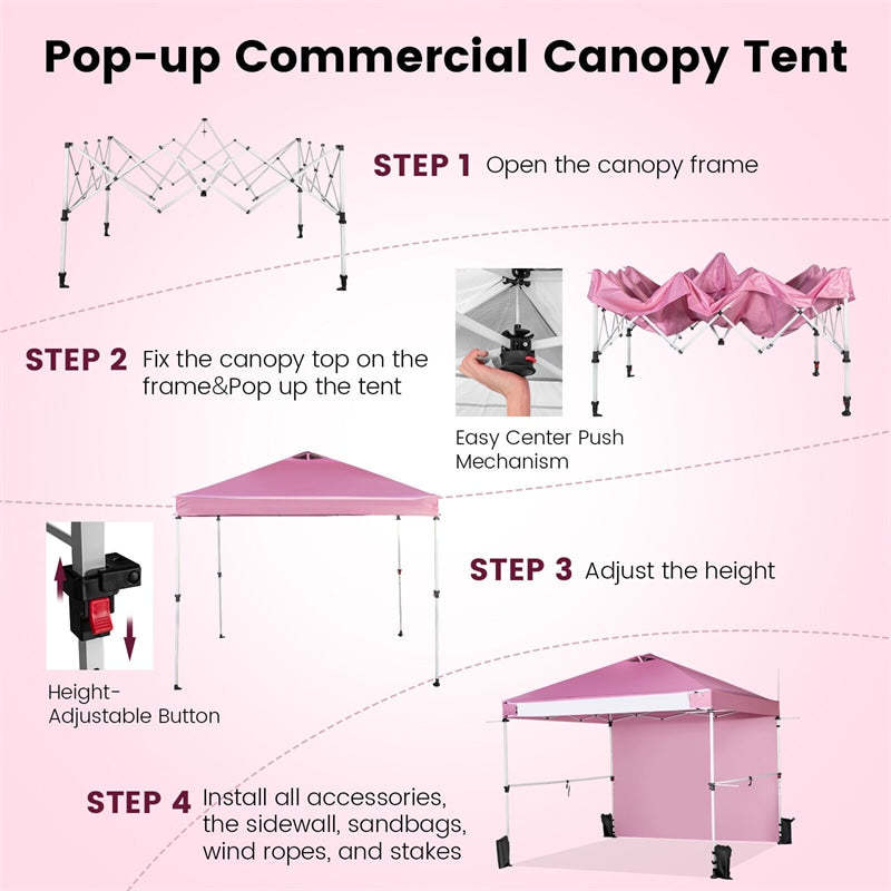 10' x 10' Commercial Pop Up Canopy Tent with Sidewalls, Roller Bag & Hanging Bars, Portable Instant Market Tent for Outdoor Events, Camping