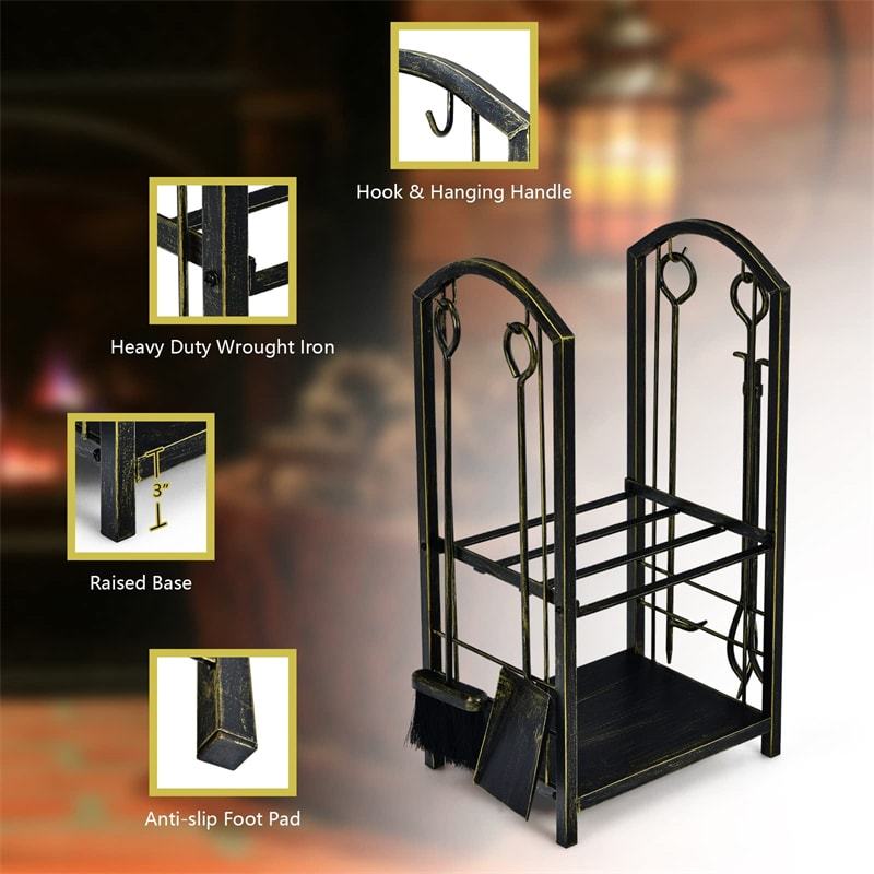 Firewood Rack with 4 Fireplace Tools Set, Heavy Duty Wrought Iron Log Rack Wood Storage Firewood Holder for Indoor  Outdoor