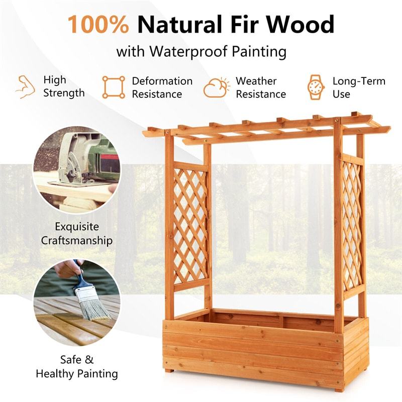 Raised Garden Bed with Arch Trellis, Hanging Roof, Outdoor Wood Planter Box w/ Side Trellis, Drainage Holes for Climbing Plants, Vines, Flowers