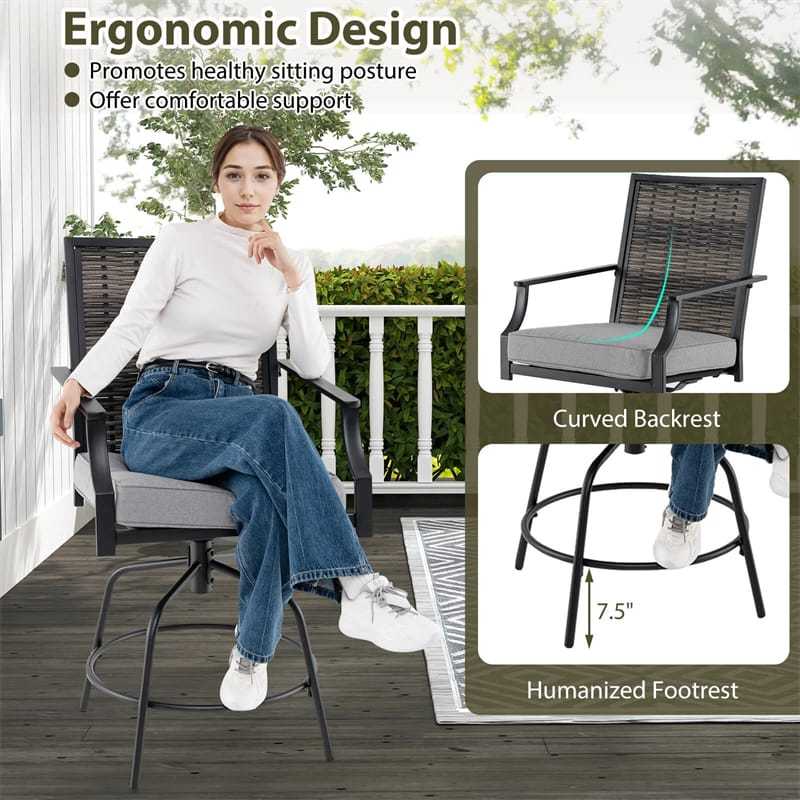 Outdoor PE Wicker Swivel Bar Stools Set of 2, Metal Counter Height Patio Chairs with Back & Cushions for Patio, Backyard & Poolside