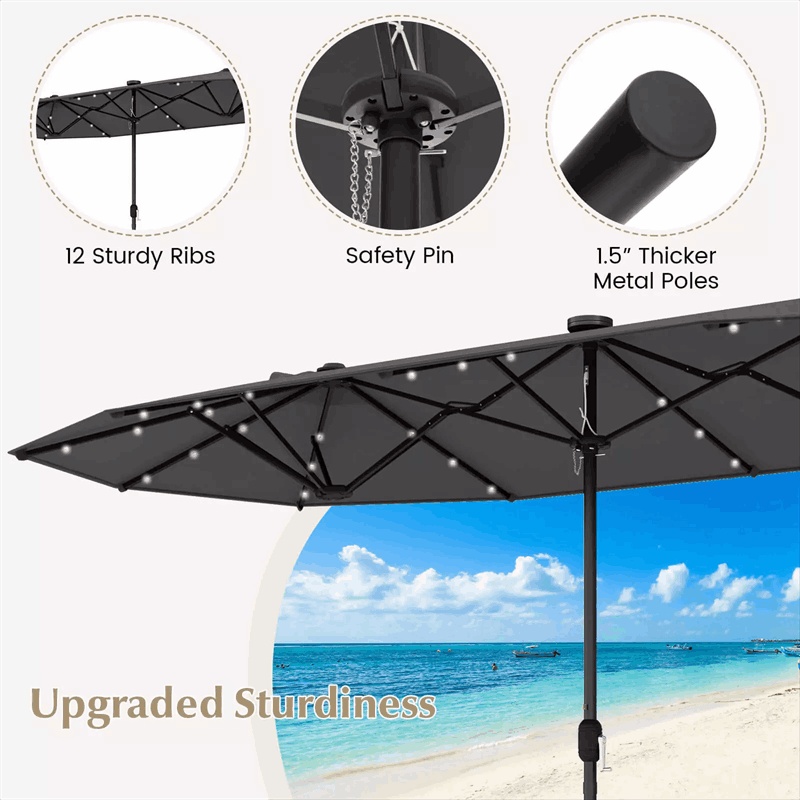 13FT Double-sided Patio Umbrella with Base, 36 Solar LED Lights & Crank Handle, Large Twin Table Umbrella for Poolside, Outdoor Dining