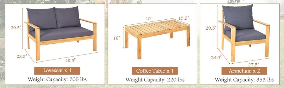 Outdoor 4 Seater Acacia Wood Patio Chat Set with Loveseat & Coffee Table
