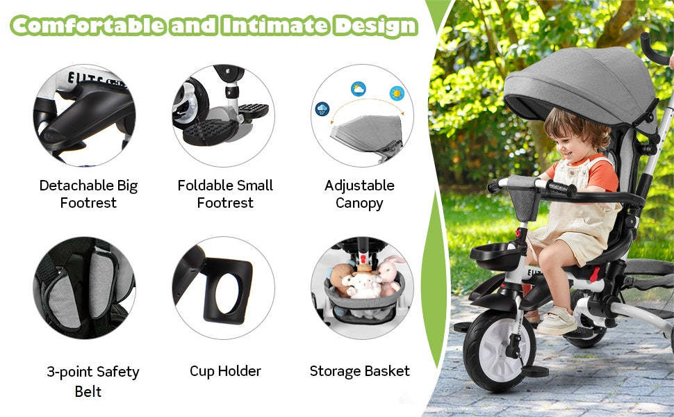 7 in 1 Folding Kids Tricycle Toddler Bike Stroller with Adjustable Canopy Removable Push Handle Rotatable Seat