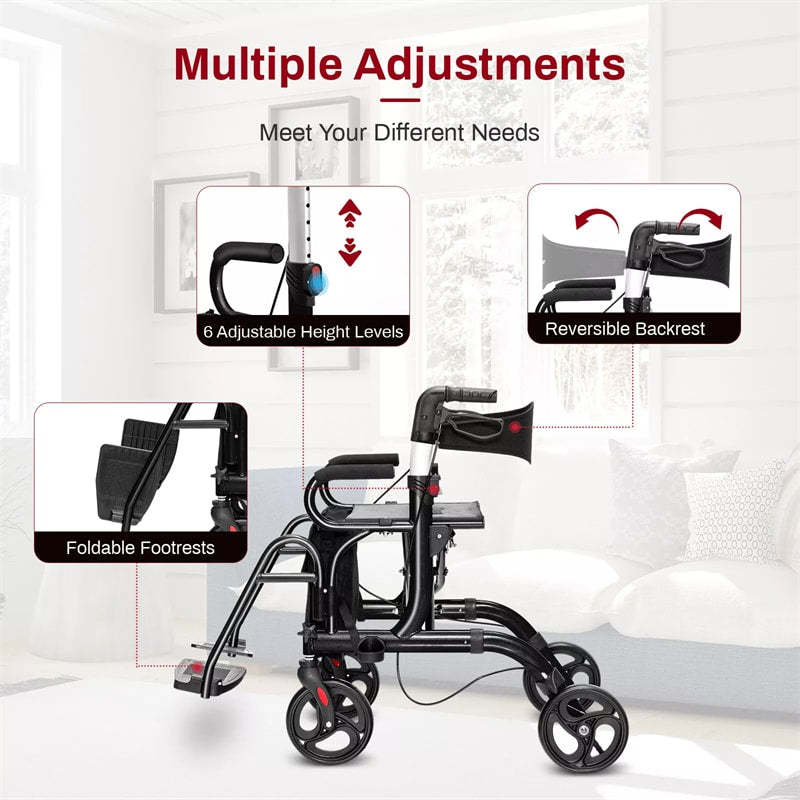 2-in-1 Rollator Walker for Seniors, Folding Medical Walker Transport Chair with Seat, 8" Wheels, 350lbs Capacity, Aluminum Mobility Walking Aid