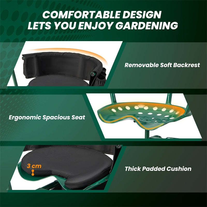 Rolling Garden Cart with 360° Swivel Seat, Tool Tray, Storage Basket, Removable Cushion & Handle, Height Adjustable Gardening Workseat for Patio Lawn