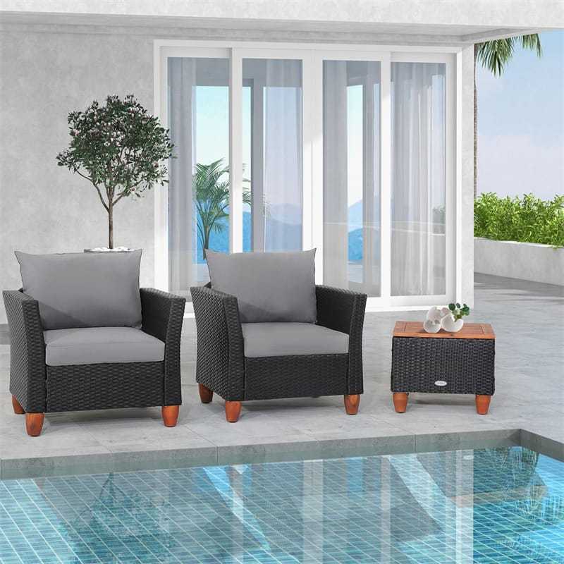 3PCS Patio Rattan Furniture Set Cushioned Sofa Chair Storage Coffee Table with Acacia Wood Top, Outdoor Wicker Conversation Set for Garden
