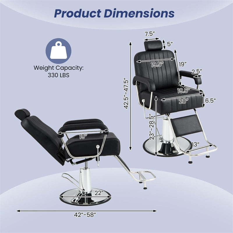 Heavy-Duty Hydraulic Barber Chair, Reclining Salon Chair with Adjustable Backrest & Headrest, 360° Swivel, 330LB Capacity for Beauty Salon/Tattoo Shop
