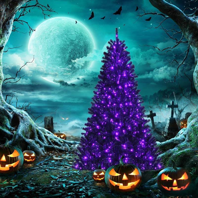 7FT Black Artificial Christmas Halloween Tree with Purple LED Lights